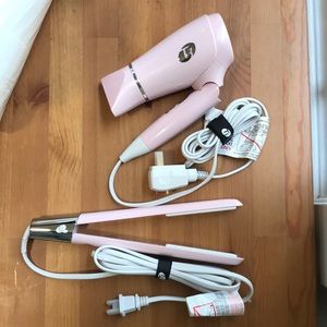 T3 travel pink hair dryer and thin flat iron
